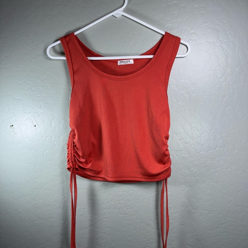 EKOUAER Ruched Ribbed Crop Tank Red Adjustable Drawstring Top